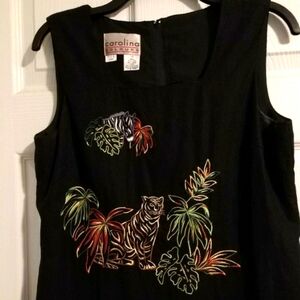 🦓🐯🐆Linen Shift Dress Embroidered w/Safari Animals Sleeveless Black Size 10